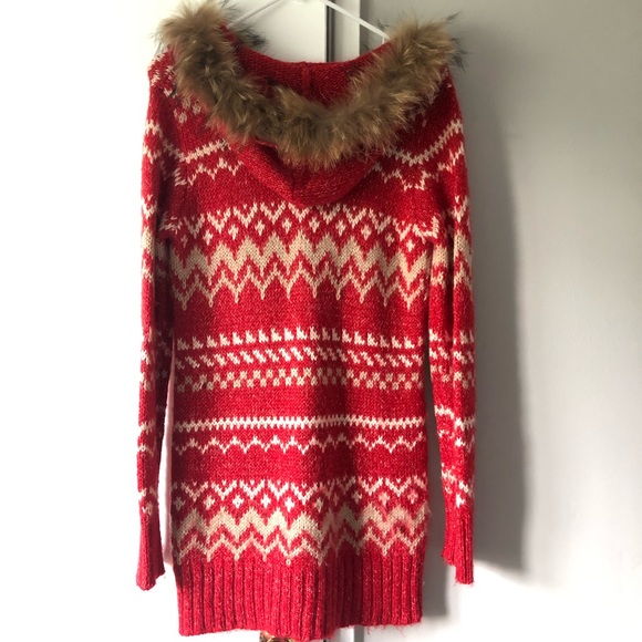 Fur hooded long button wool blended red cardigan - Picture 2 of 3